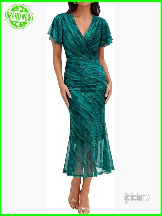 Dresses & Skirts - Floral Mesh Maxi Dress Ruched Ruffle Sleeve Bodycon Wedding Guest Cocktail